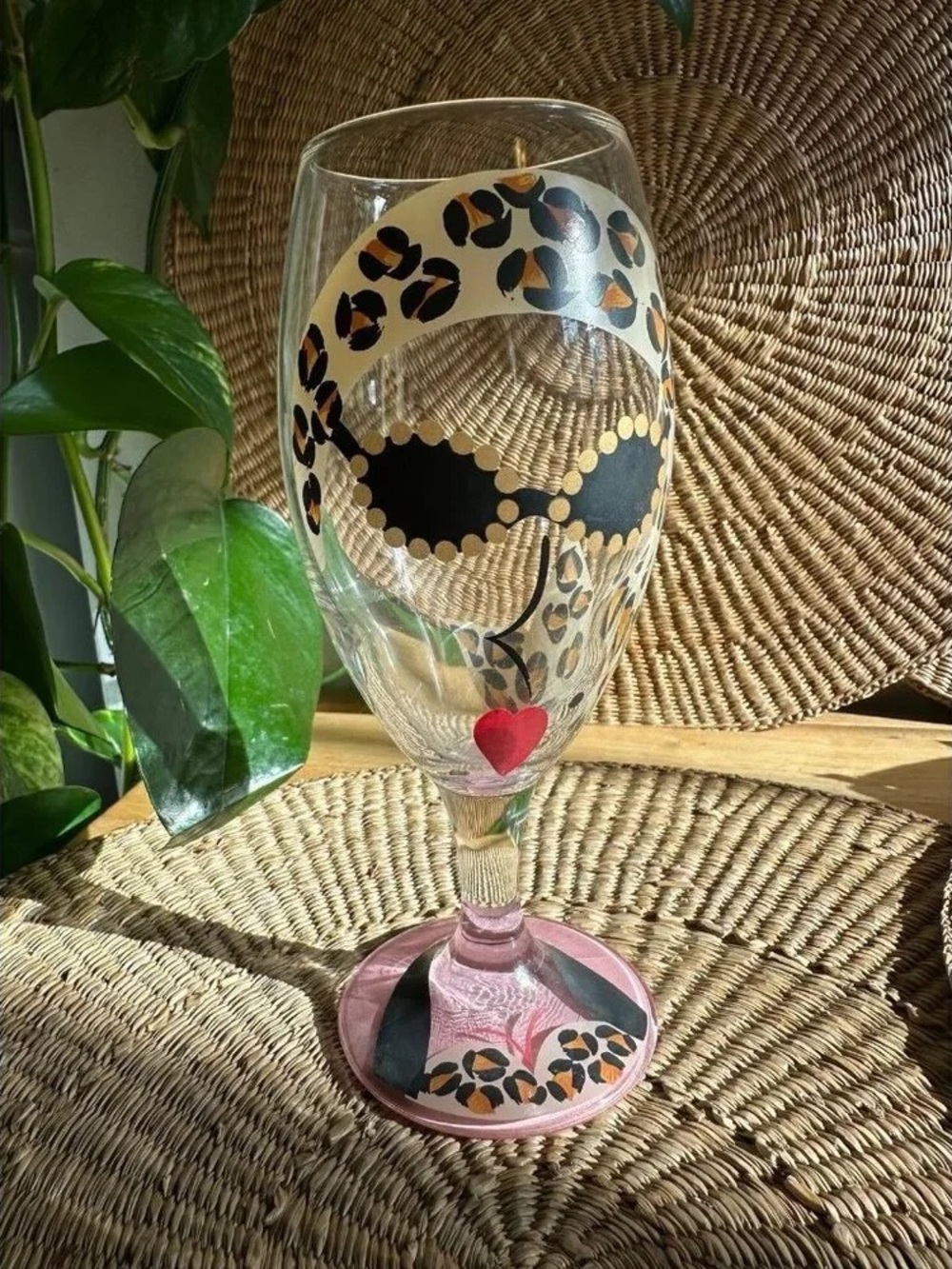 Hand-Painted Glass Goblet with Leopard Mask Design - Pink Accents